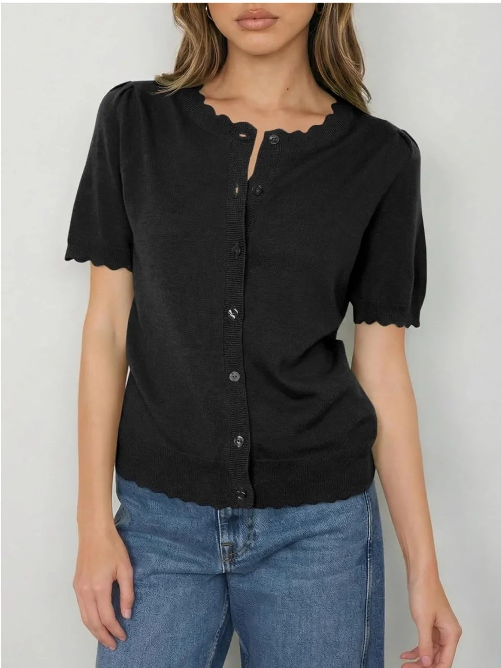NWT Saodimallsu Scallop Hem Knit Button Down Knit Short Sleeve Cardigan Top
